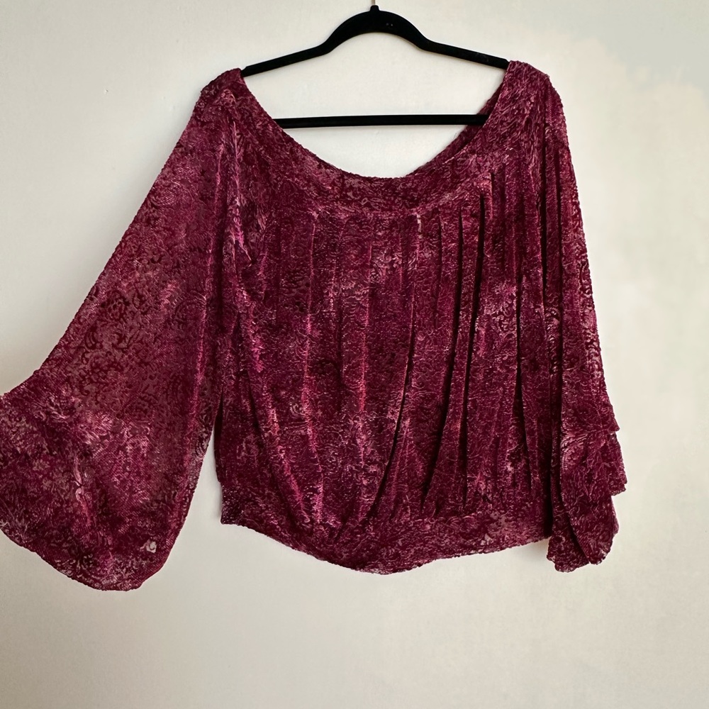 Free People Ginger Berry Top Maroon Velvet Burnout Off Shoulder Bell Sleeve - Picture 3 of 5